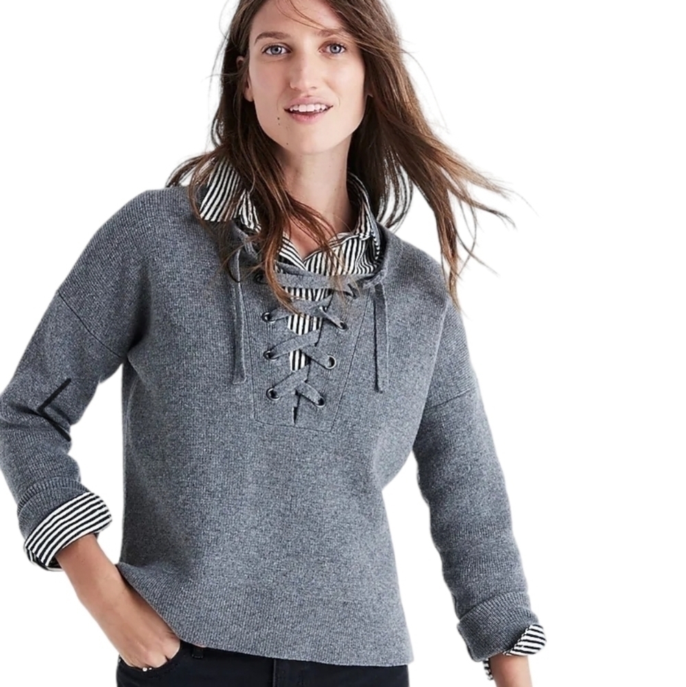 Madewell | Women's Gray 100% Wool Drawstring Lace Up Neck Sweater (Size Small)